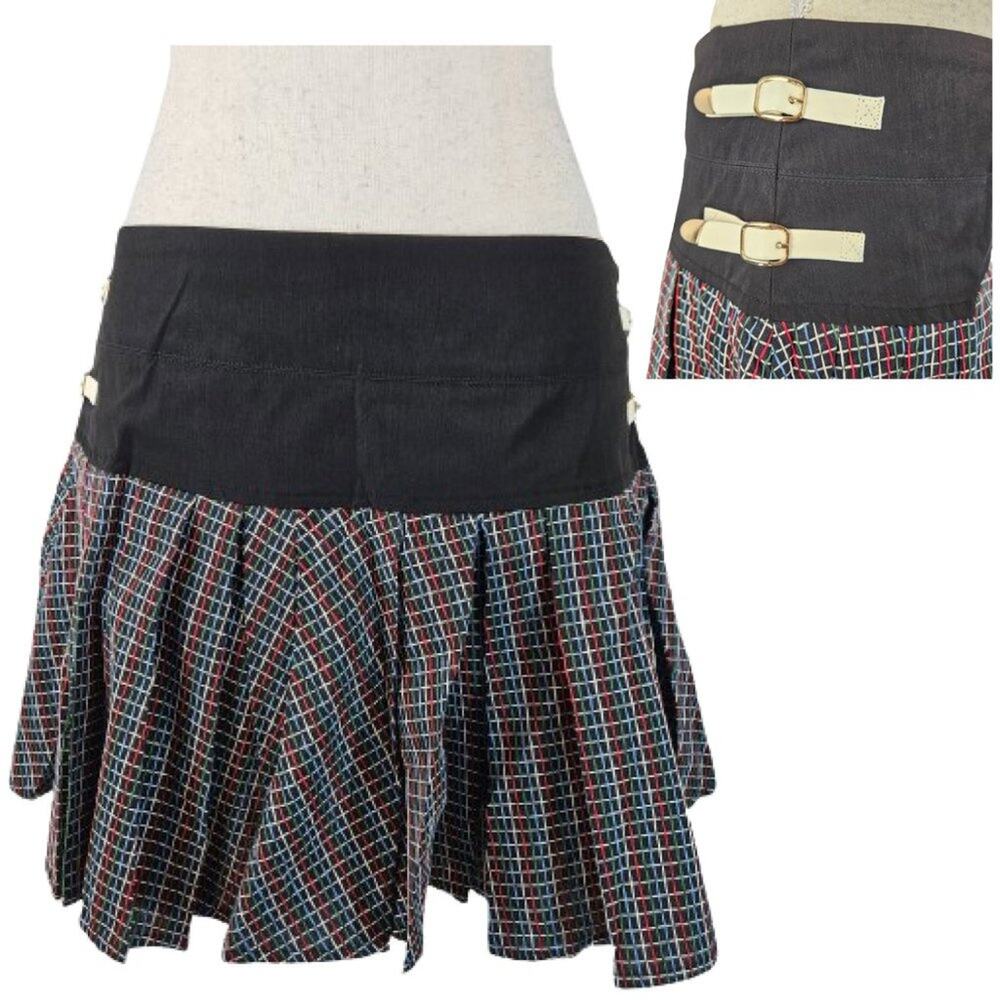 NWT Endless Rose Textured Plaid Buckle Trim Drop Waist Pleated Mini Skirt L